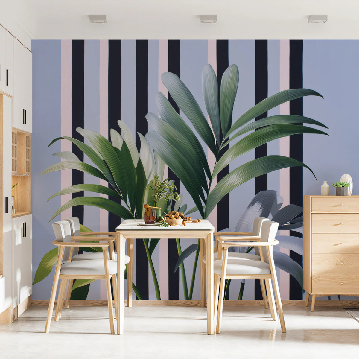 Palm Frond Mural Wallpaper — Modern Tropical Striped Design Mural Wallpaper - room preview 02
