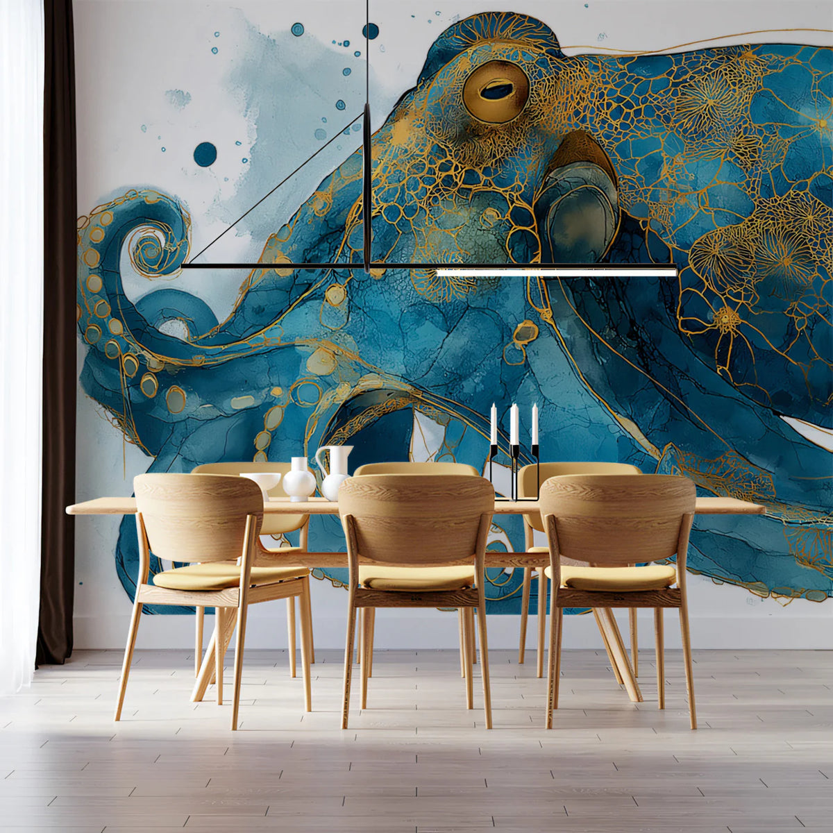 Gilded Marine Octopus Mural Wallpaper — Ornate Coastal Art Mural Wallpaper - room preview 02