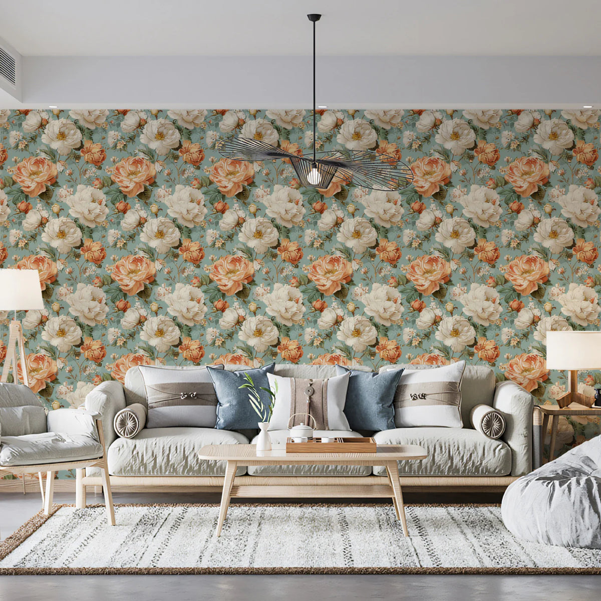 Vintage Peony Floral Mural Wallpaper — Soft Teal and Peach Mural Wallpaper - room preview 02