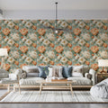 Vintage Peony Floral Mural Wallpaper — Soft Teal and Peach Mural Wallpaper - room preview 02