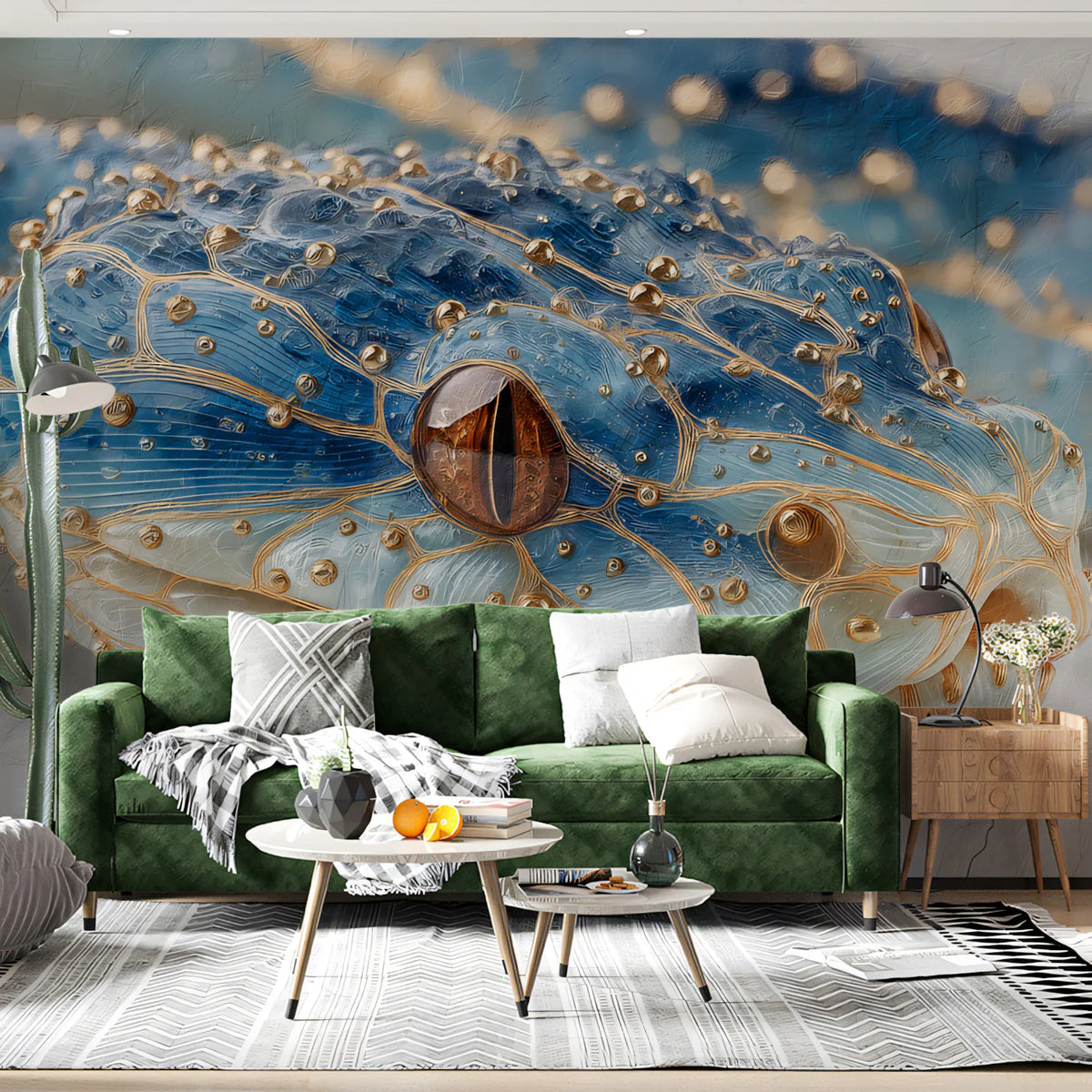 Blue and Gold Serpent Mural Wallpaper — Artistic Wildlife Design Mural Wallpaper - room preview 02