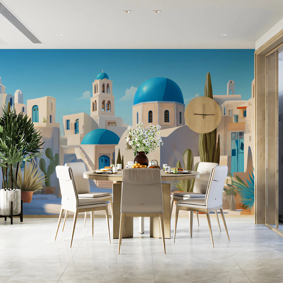 Santorini Street Scene Mural Wallpaper — Mediterrane Architektur Wandgemälde Tapete