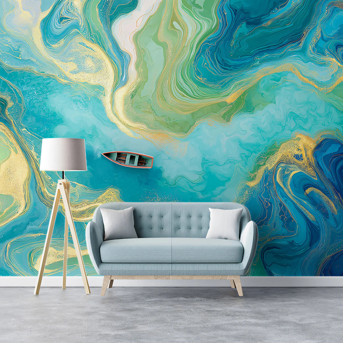 Emerald Fluid Art Mural Wallpaper — Abstract River Boat Design Mural Wallpaper - room preview 02