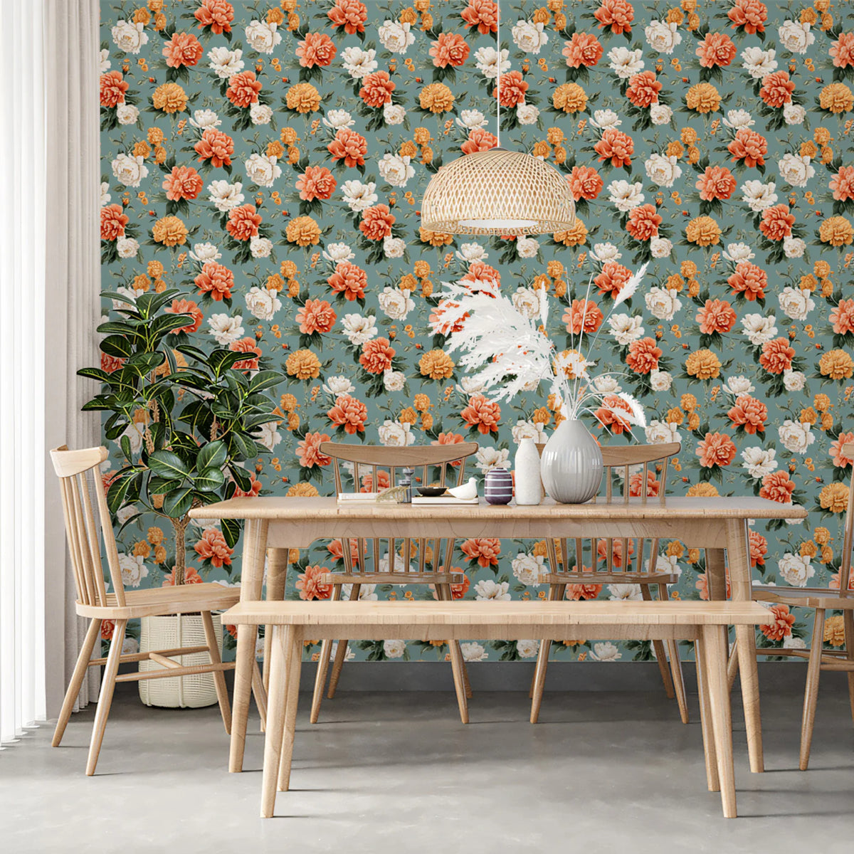 Vintage Peony Floral Mural Wallpaper — Soft Sage and Amber Botanical Mural Wallpaper - room preview 02