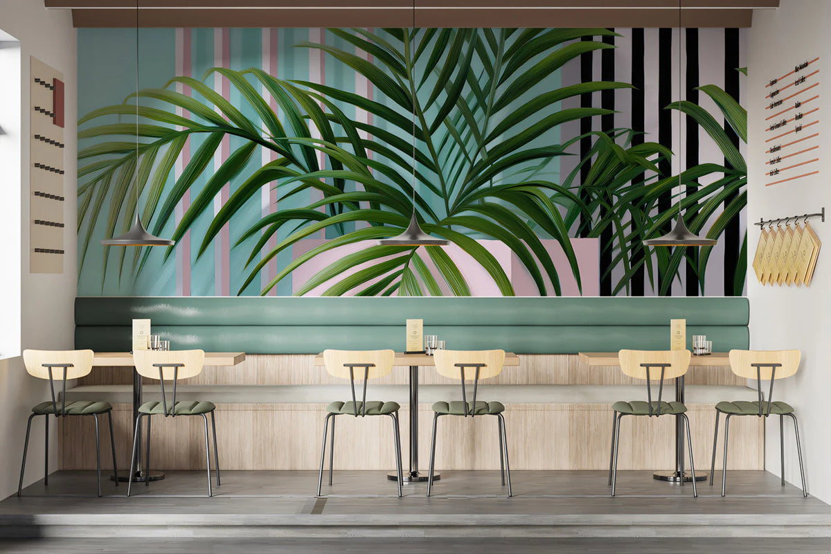 Palm Leaves Striped Mural Wallpaper —Pop Art Geometric Design Mural Wallpaper - room preview 02