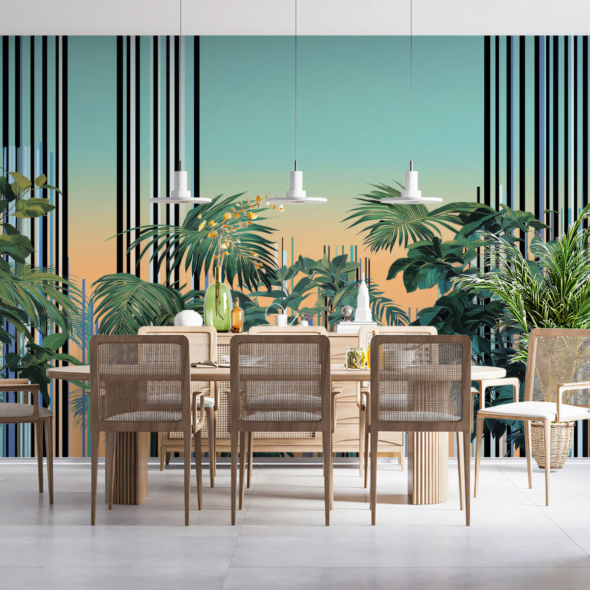 Sunset Tropics Mural Wallpaper — Modern Linear Botanical Art Mural Wallpaper - room preview 02