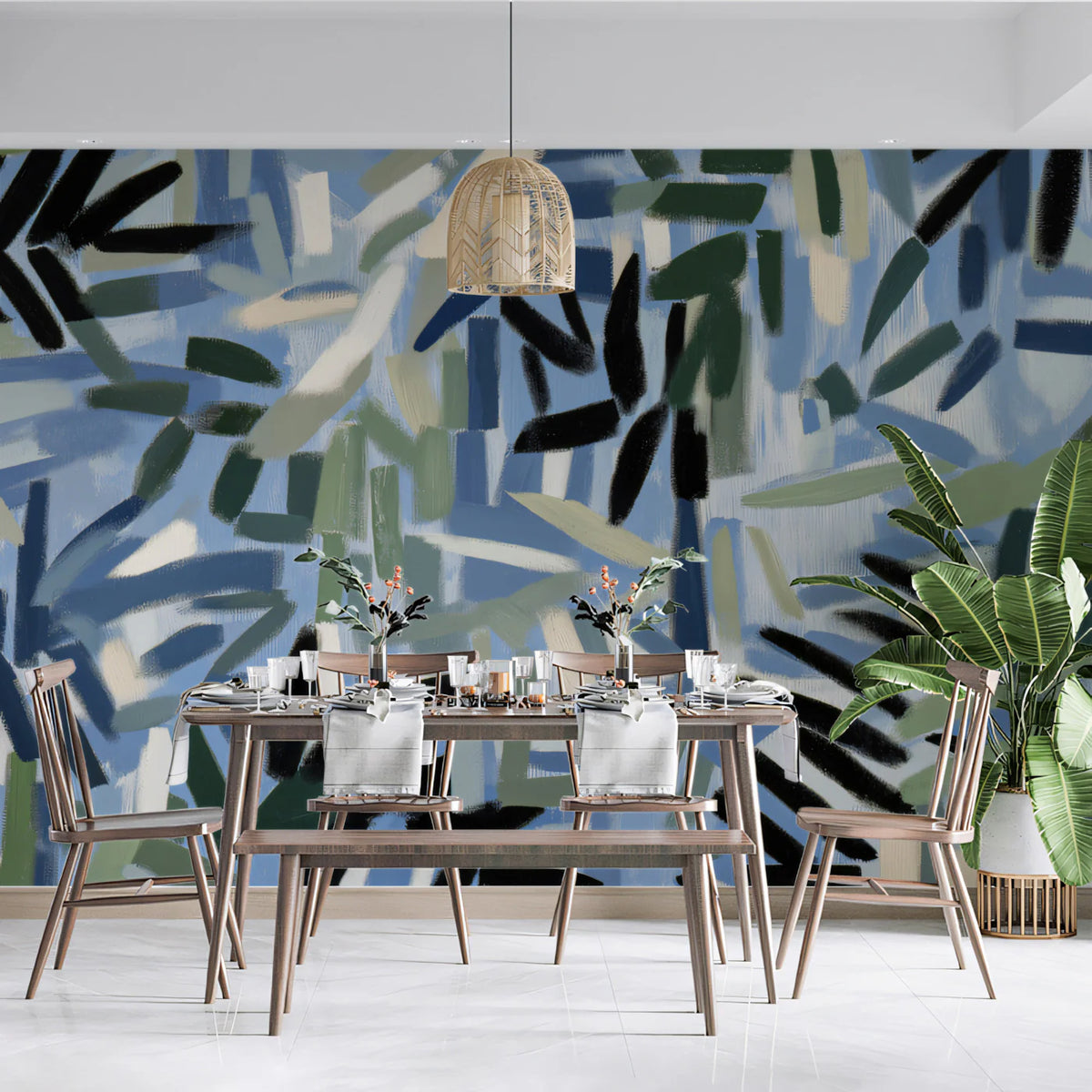 Abstract Painted Brushstroke Mural Wallpaper in Blue and Green Mural Wallpaper - room preview 02