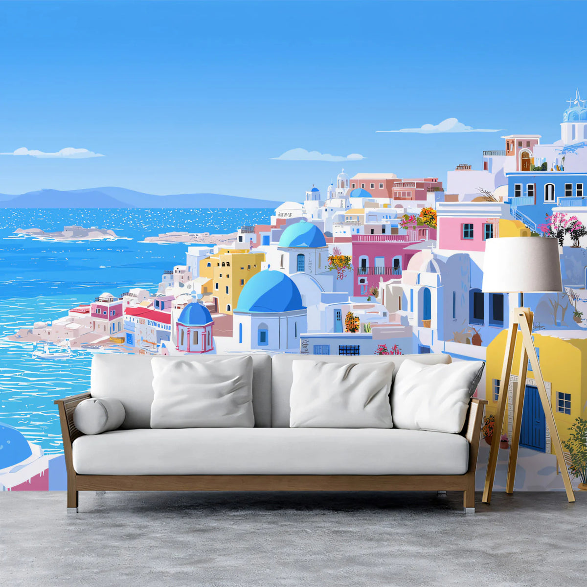 Santorini Coastal Village Mural Wallpaper — Vibrant Greek Escape Mural Wallpaper - room preview 02