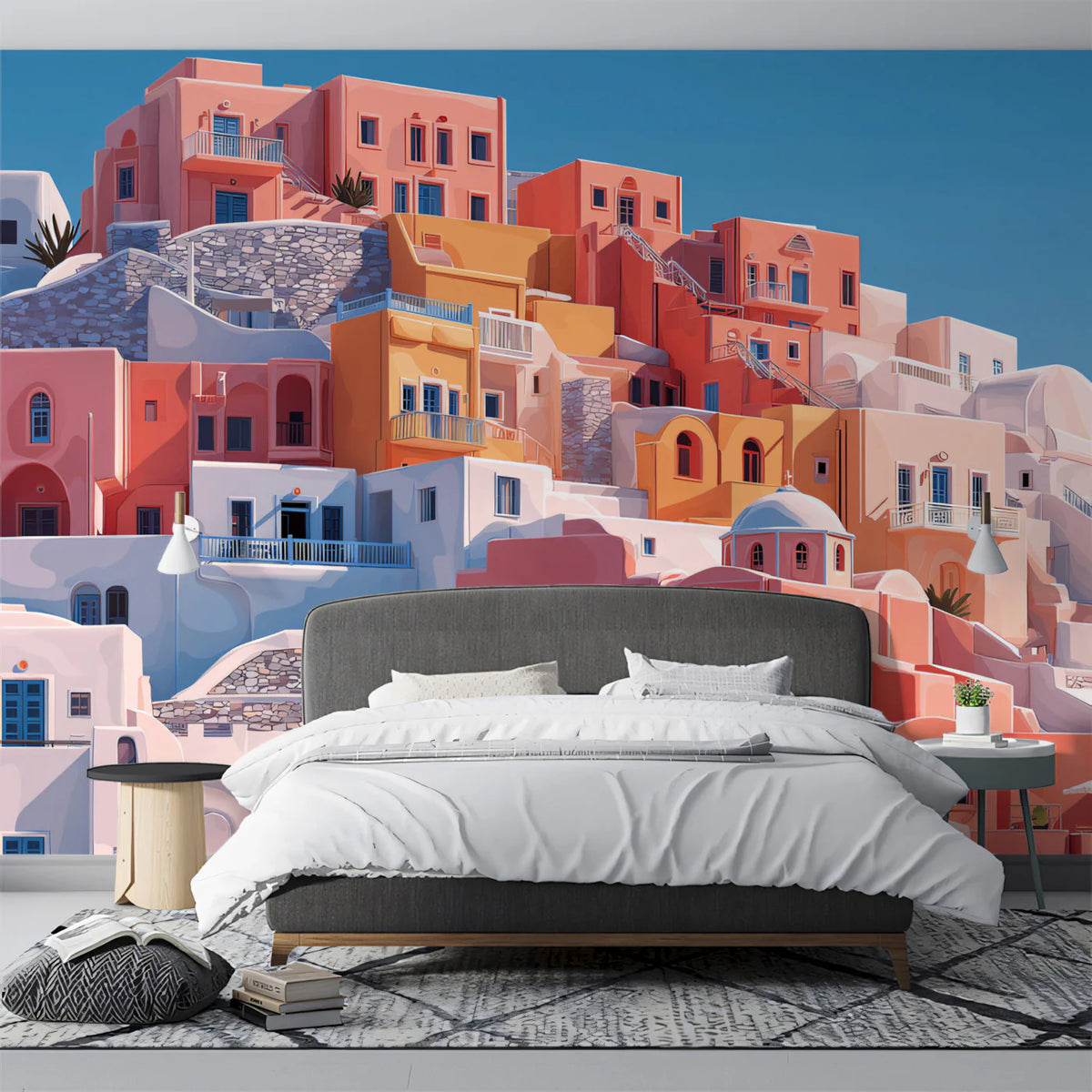Mediterranean Hillside Village Mural Wallpaper — Warm Coastal Scene Mural Wallpaper - room preview 02