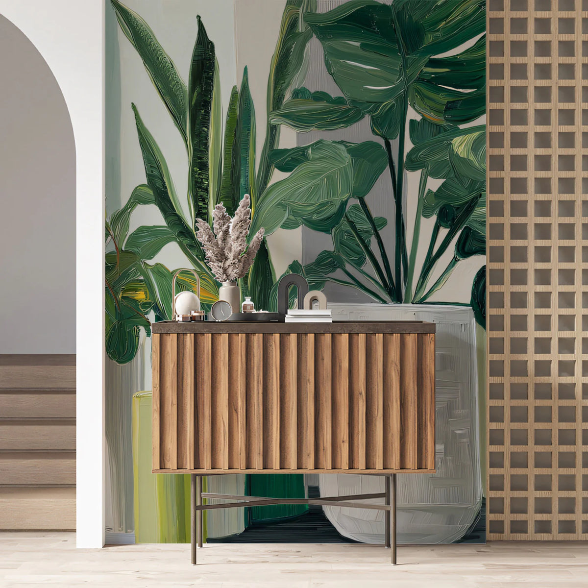Modern Botanical Potted Plant Mural Wallpaper — Artistic Striped Mural Wallpaper - room preview 02