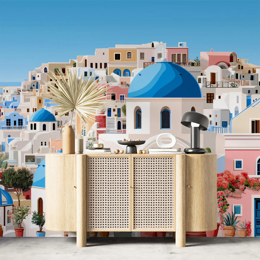Maximalist Wallpaper Mural – Bold Colorful Wall Mural – Mediterranean Hillside Village — Vibrant Scenic