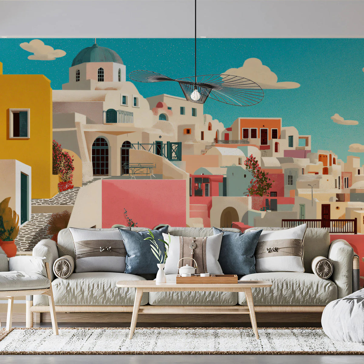 Mediterranean Hillside Mural Wallpaper — Coastal Village Scene Mural Wallpaper - room preview 02