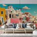 Mediterranean Hillside Mural Wallpaper — Coastal Village Scene Mural Wallpaper - room preview 02