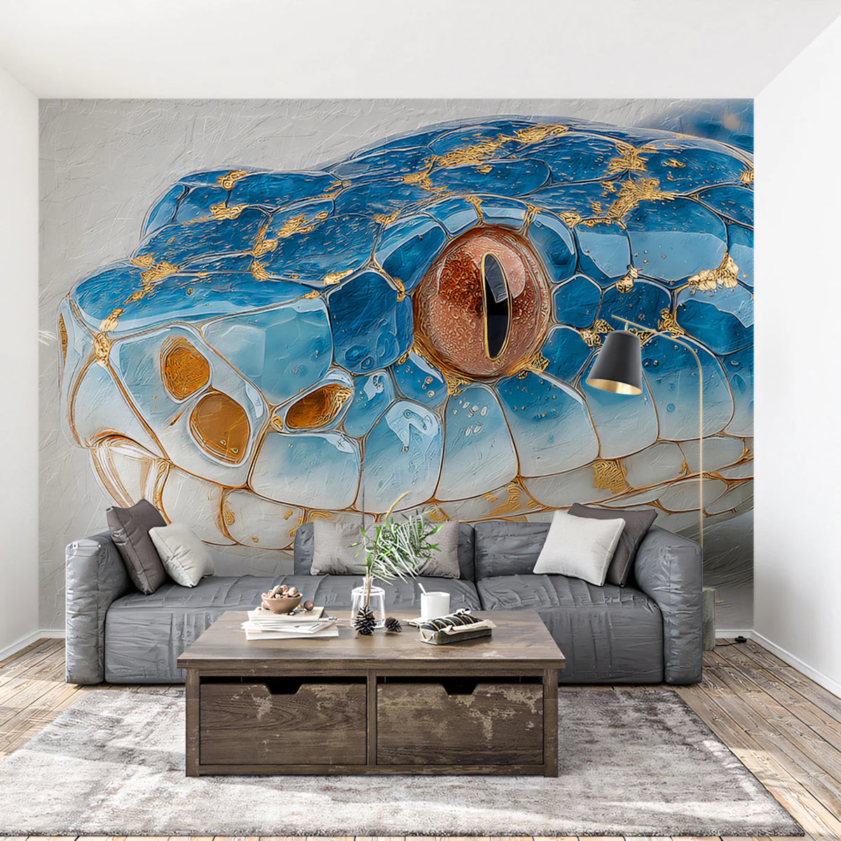 Cobalt Serpent Macro Mural Wallpaper — Gilded Reptilian Texture Mural Wallpaper - room preview 02