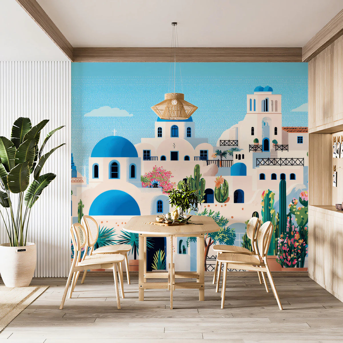 Santorini Coastal Village Mural Wallpaper — Mediterranean Charm Mural Wallpaper - room preview 02