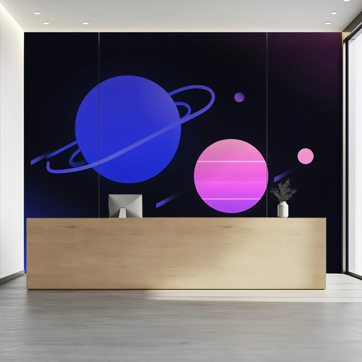 Minimalist Cosmic Planets Mural Wallpaper — Modern Synthwave Style Mural Wallpaper - room preview 02