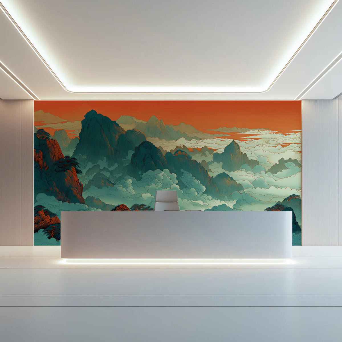 Chinese Landscape Mural Wallpaper — Blue Mountain Sunset Scene Mural Wallpaper - room preview 02