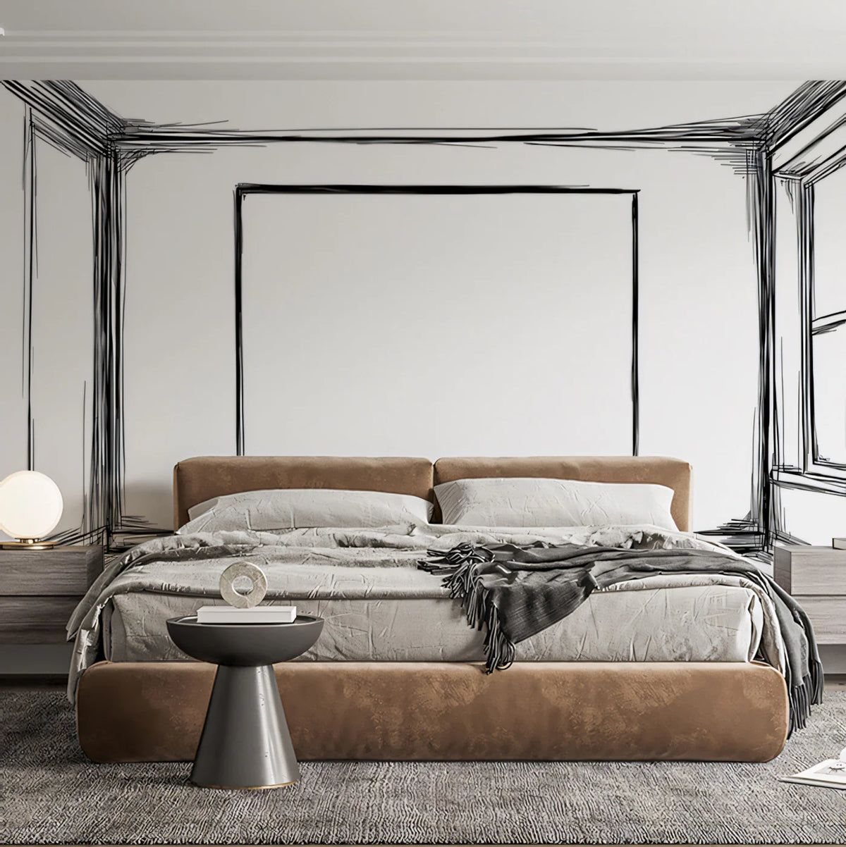 Architectural Sketch Room Mural Wallpaper — Monochrome Line Art Mural Wallpaper - room preview 02