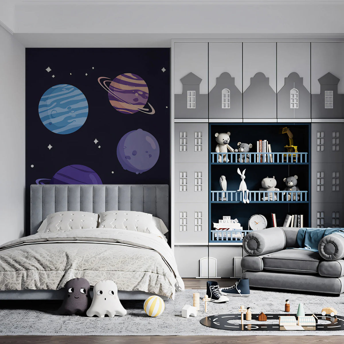 Cosmic Planets Pattern Mural Wallpaper — Whimsical Galaxy Theme Mural Wallpaper - room preview 02