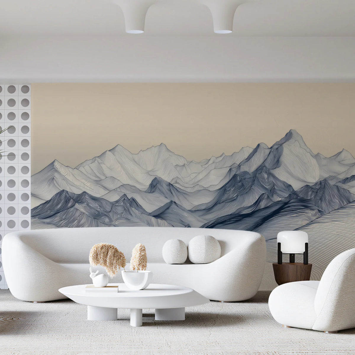 Minimalist Mountain Range Mural Wallpaper — Blue Line Art Landscape Mural Wallpaper - room preview 02