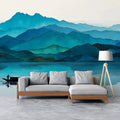 Watercolor Mountain Lake Mural Wallpaper — Teal Horizon Landscape Mural Wallpaper - room preview 02