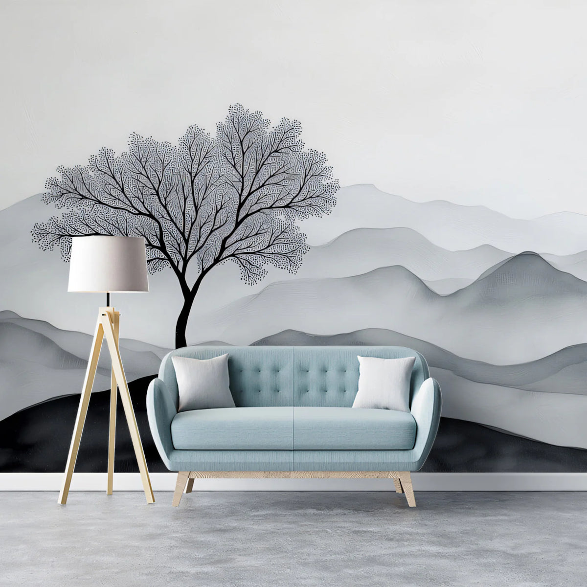 Ink Wash Mountain Solitary Tree Mural Wallpaper — Zen Landscape Mural Wallpaper - room preview 02