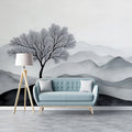 Ink Wash Mountain Solitary Tree Mural Wallpaper — Zen Landscape Mural Wallpaper - room preview 02