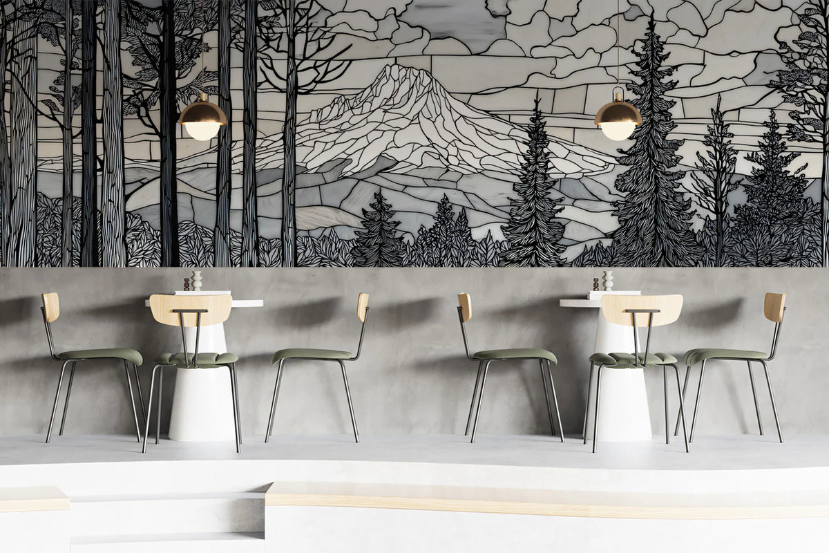 Stained Glass Mountain Forest Mural — Black and White Landscape Mural Wallpaper - room preview 02