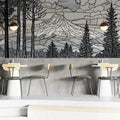 Stained Glass Mountain Forest Mural — Black and White Landscape Mural Wallpaper - room preview 02
