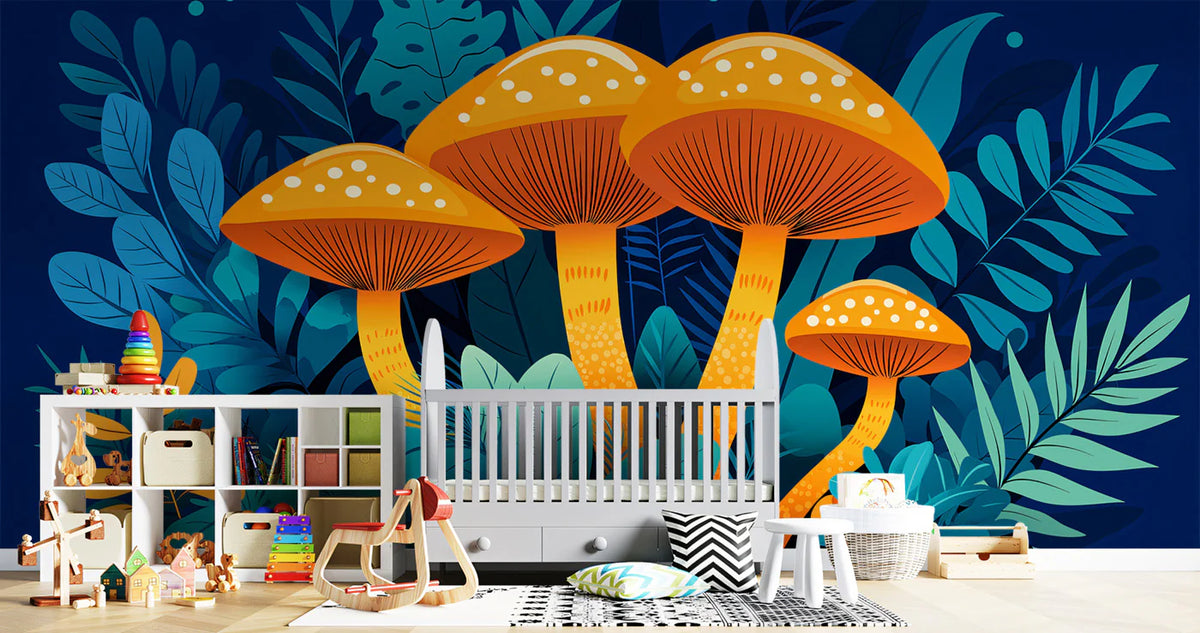 Bioluminescent Mushroom Mural Wallpaper — Whimsical Forest Fantasy Mural Wallpaper - room preview 02