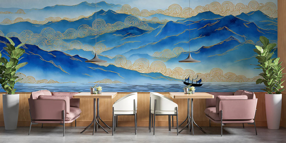 Blue Mountain Landscape Mural Wallpaper — Traditional Gold Line Art Mural Wallpaper - room preview 02