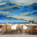Blue Mountain Landscape Mural Wallpaper — Traditional Gold Line Art Mural Wallpaper - room preview 02