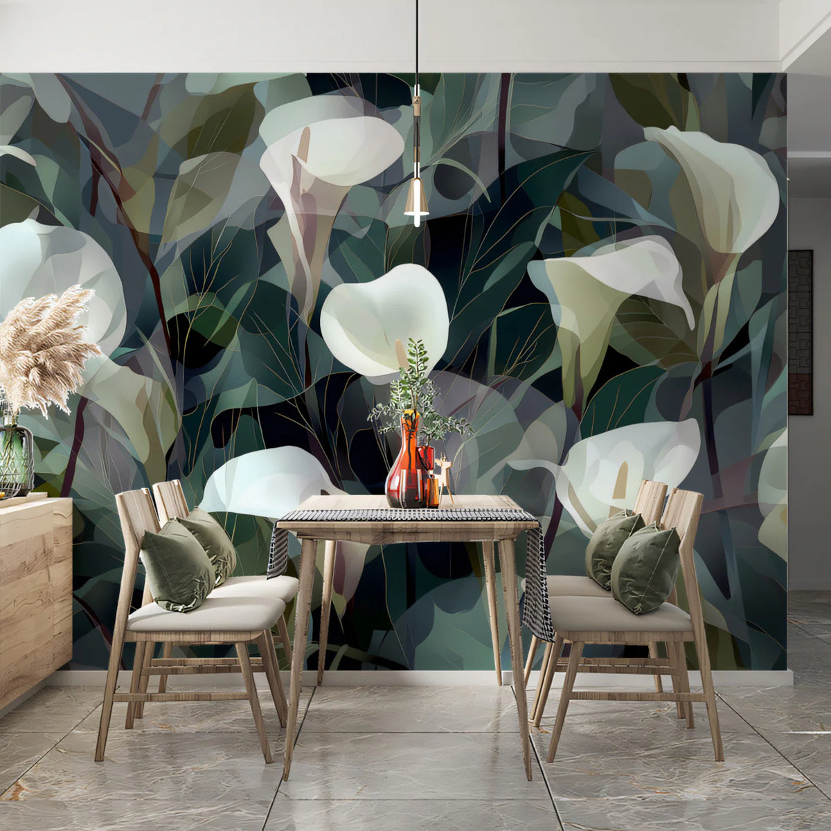 Calla Lily Botanical Mural Wallpaper — Moody Floral Wall Art Mural Wallpaper - room preview 02