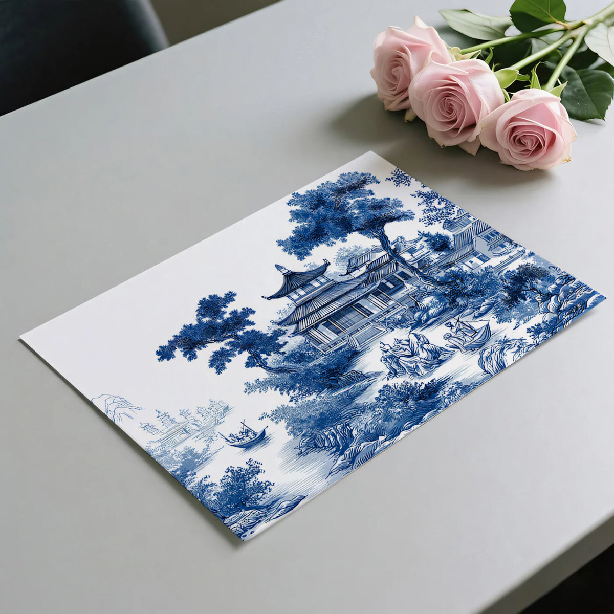 Chinoiserie Landscape Mural Wallpaper in Cobalt and White Mural Wallpaper - room preview 02