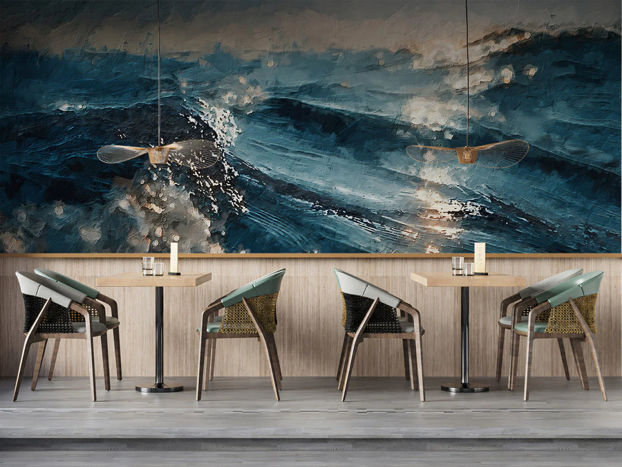 Ocean Wallpaper Mural – Sea Wall Mural – Turbulent Ocean Oil Painting — Moody Sea Waves