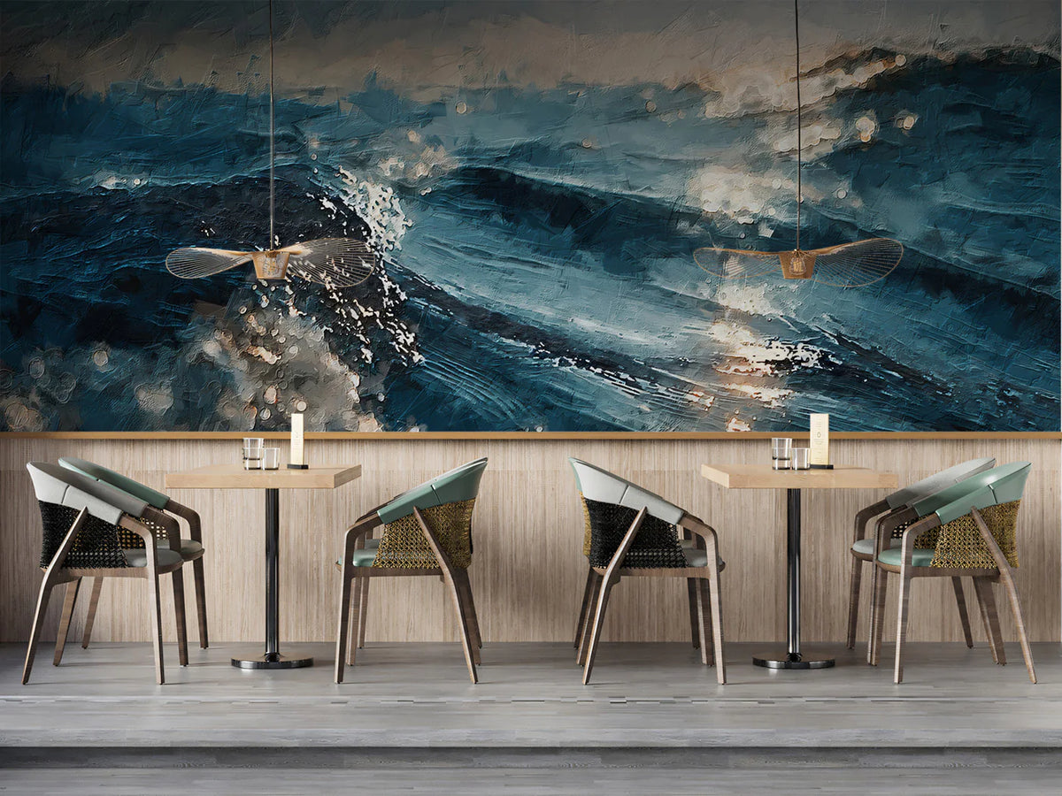 Turbulent Ocean Oil Painting Mural Wallpaper — Moody Sea Waves Mural Wallpaper - room preview 02