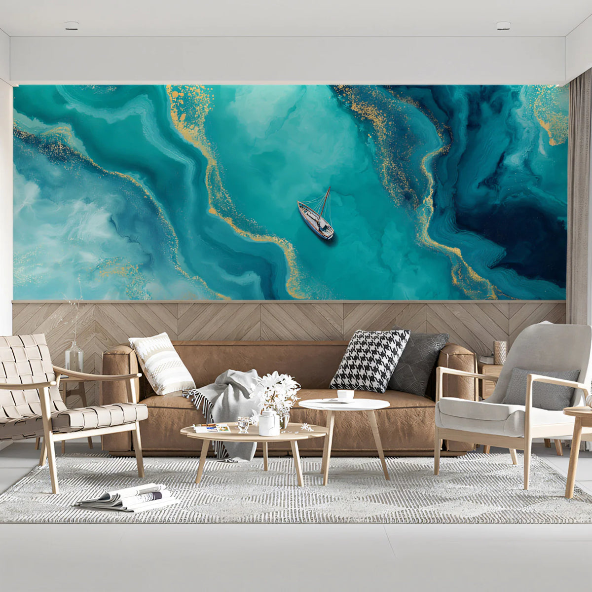 Teal Fluid Ocean Aerial Mural Wallpaper with Gold Accents Mural Wallpaper - room preview 02