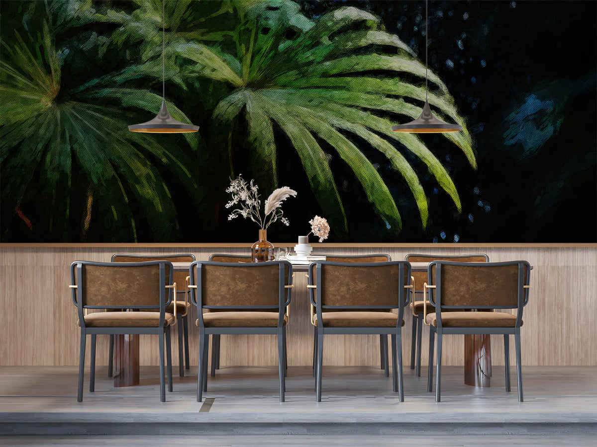 Deep Tropical Palm Leaf Mural Wallpaper — Moody Botanical Art Mural Wallpaper - room preview 02