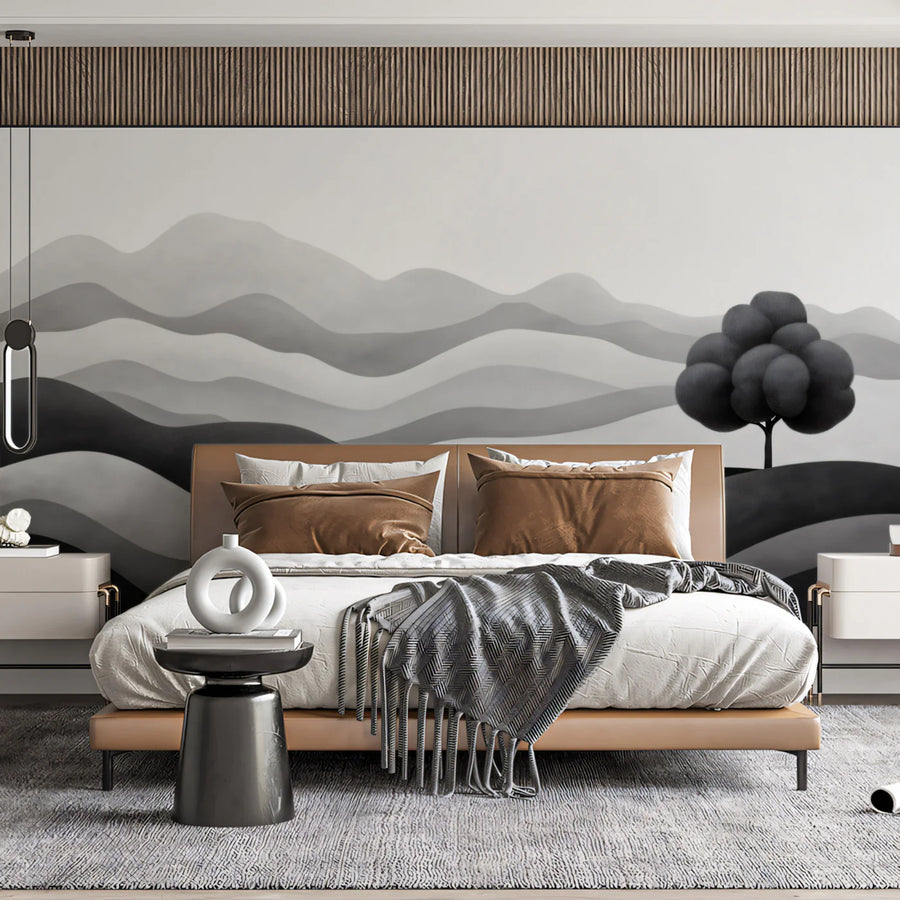Landscape Wallpaper Mural – Scenery Wall Mural – Minimalist Rolling Hills in Monochrome Shades