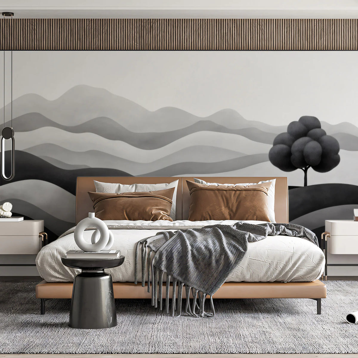 Minimalist Rolling Hills Mural Wallpaper in Monochrome Shades Mural Wallpaper - room preview 02