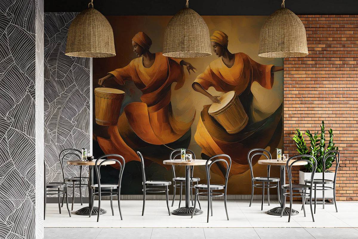 African Drumming Dancers Mural Wallpaper — Impressionistic Oil Art Mural Wallpaper - room preview 02
