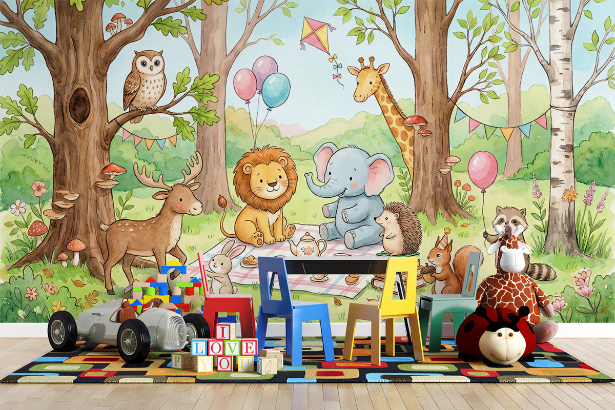 Watercolor Woodland Animals Picnic Mural Wallpaper — Whimsical Decor Mural Wallpaper - room preview 02