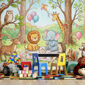 Watercolor Woodland Animals Picnic Mural Wallpaper — Whimsical Decor Mural Wallpaper - room preview 02