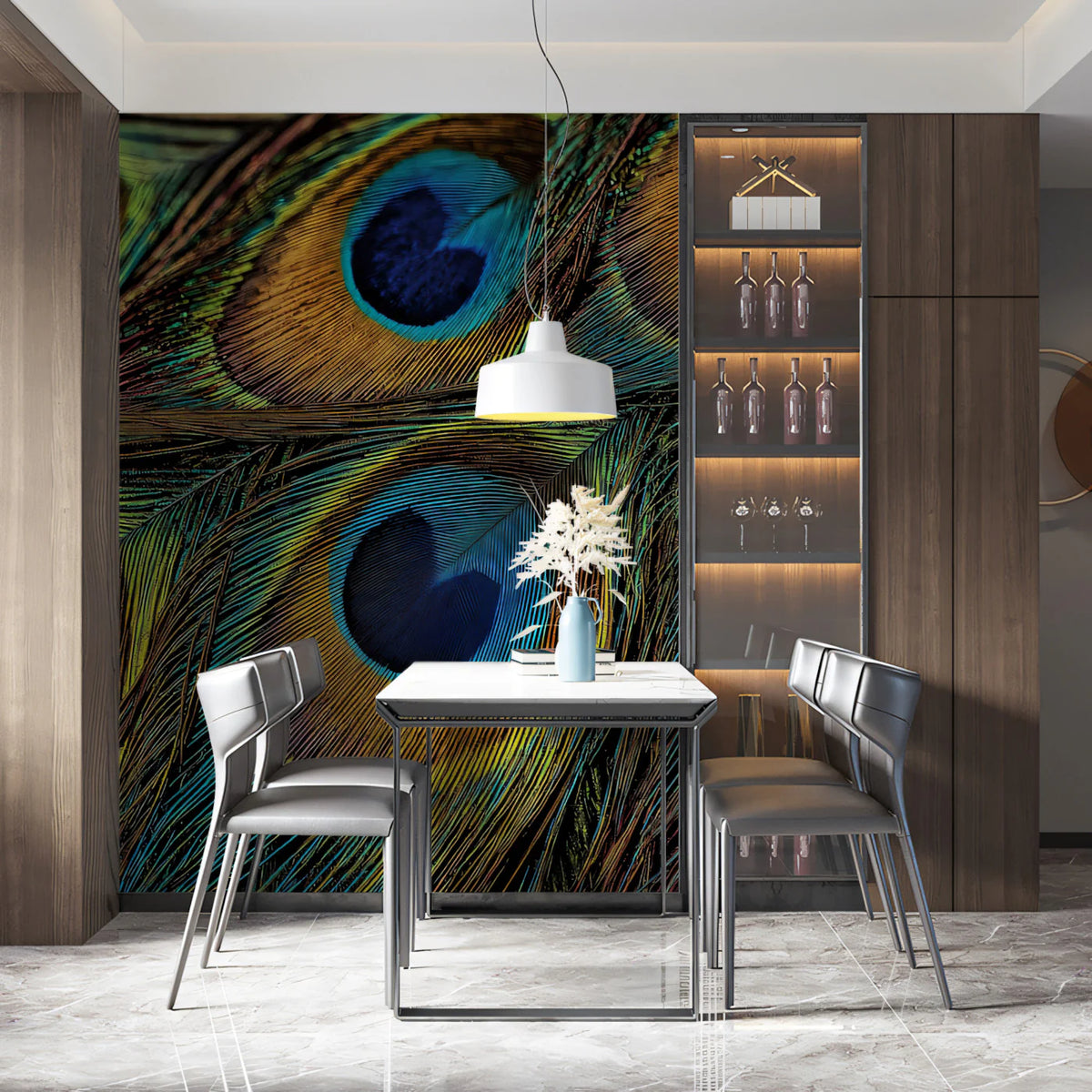 Macro Peacock Feather Mural Wallpaper — Vibrant Iridescent Detail Mural Wallpaper - room preview 02