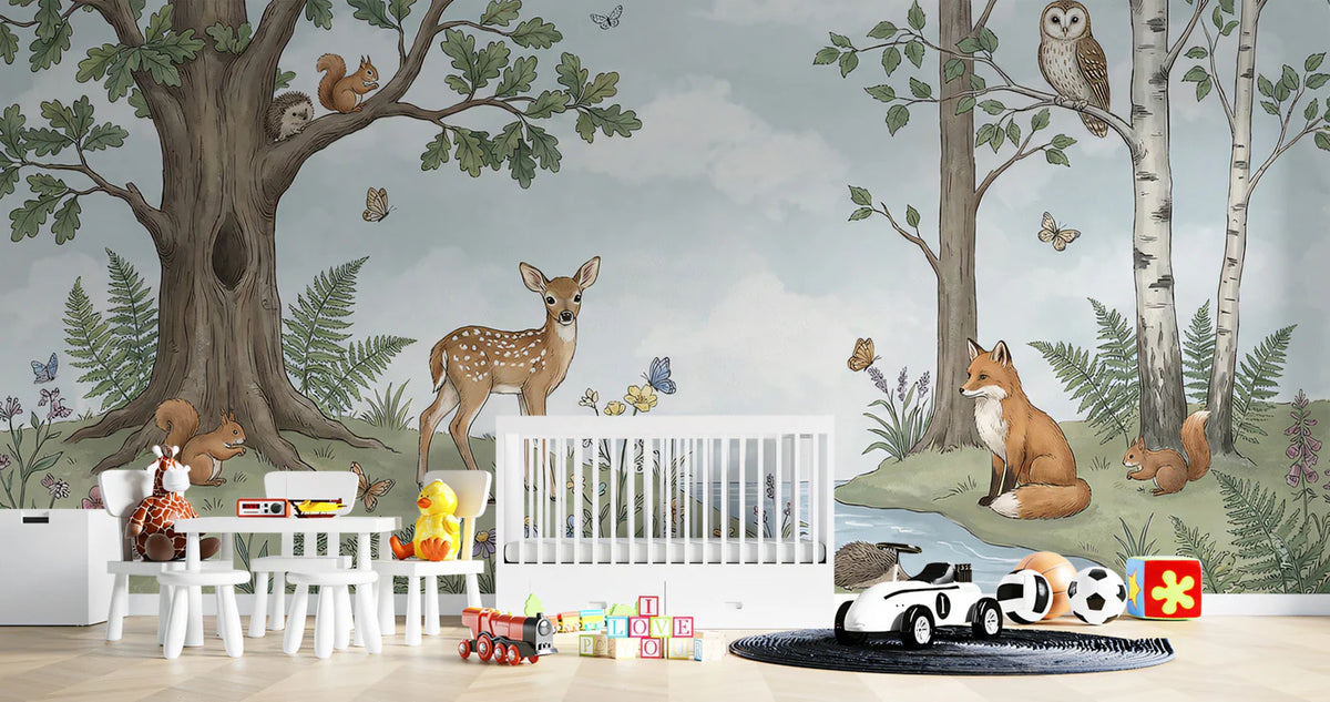 Watercolor Woodland Animals Mural Wallpaper — Artistic Forest Scene Mural Wallpaper - room preview 02