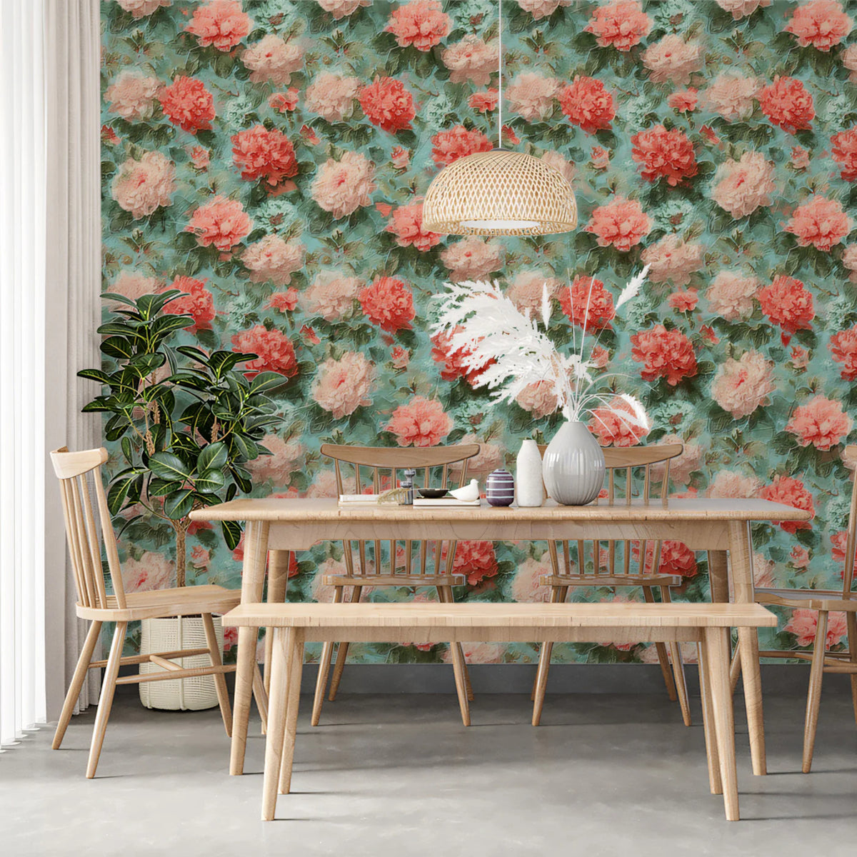Vintage Peony Oil Painting Mural Wallpaper — Impressionistic Floral Mural Wallpaper - room preview 02