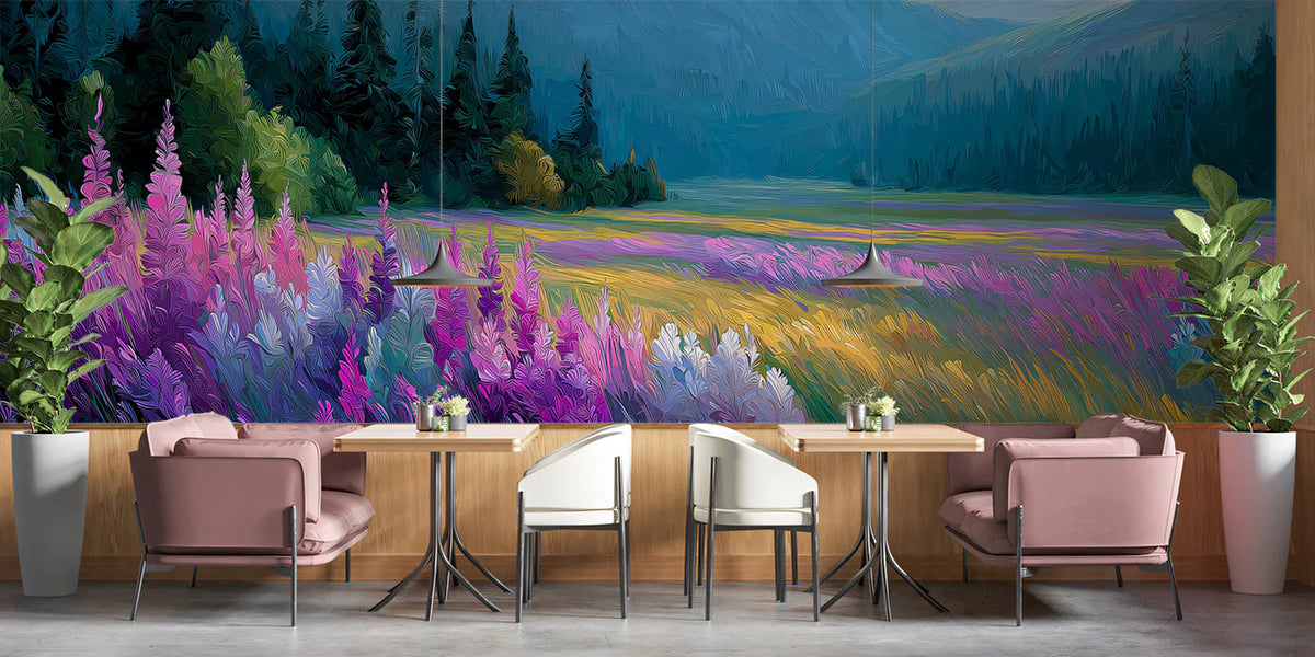 Purple Wildflower Meadow Mural Wallpaper — Impressionistic Landscape Mural Wallpaper - room preview 02