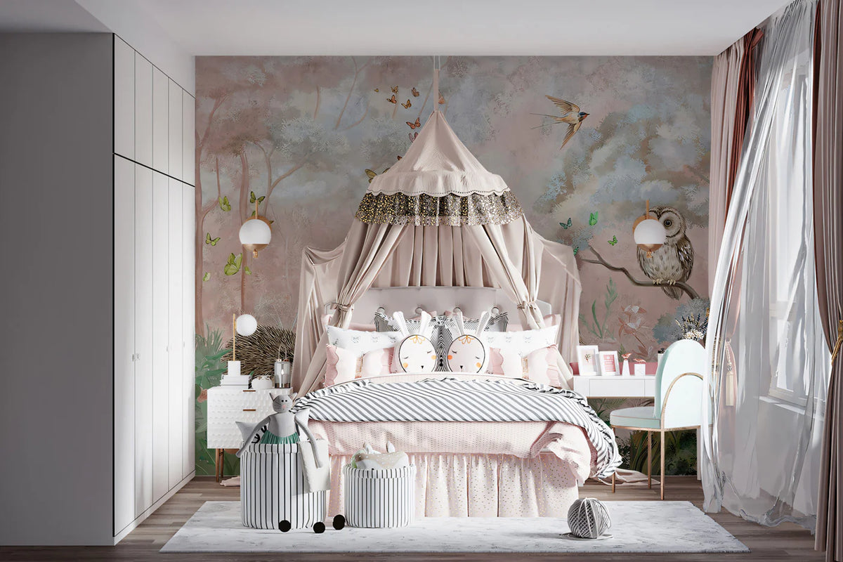Whimsical Forest Friends Mural Wallpaper — Soft Pastel Woodland Scene Mural Wallpaper - room preview 02