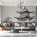Chinese Pavilion Garden Sketch Mural Wallpaper — Monochrome Line Art Mural Wallpaper - room preview 02