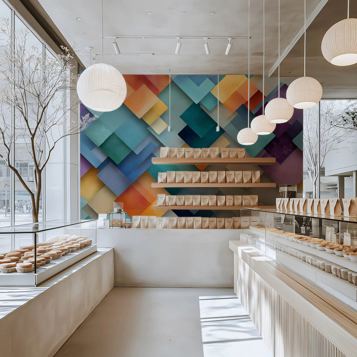 Geometric Diamond Overlap Mural Wallpaper in Multicolor Art Mural Wallpaper - room preview 02